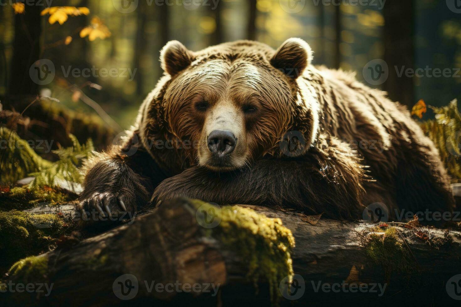 Resting in the forest is a brown bear. Generative AI photo