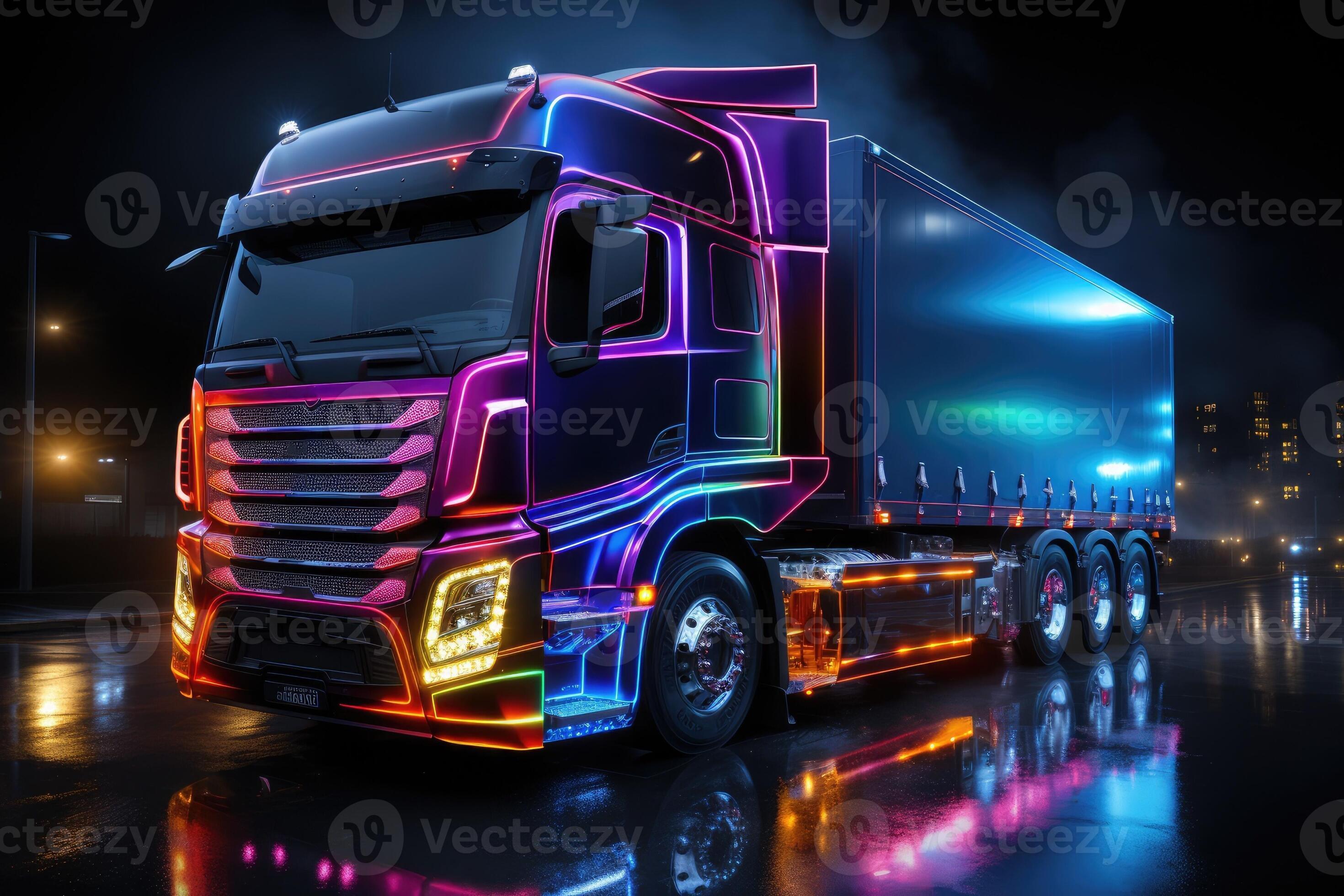 Truck with futuristic holographic display and neon lights. Freight