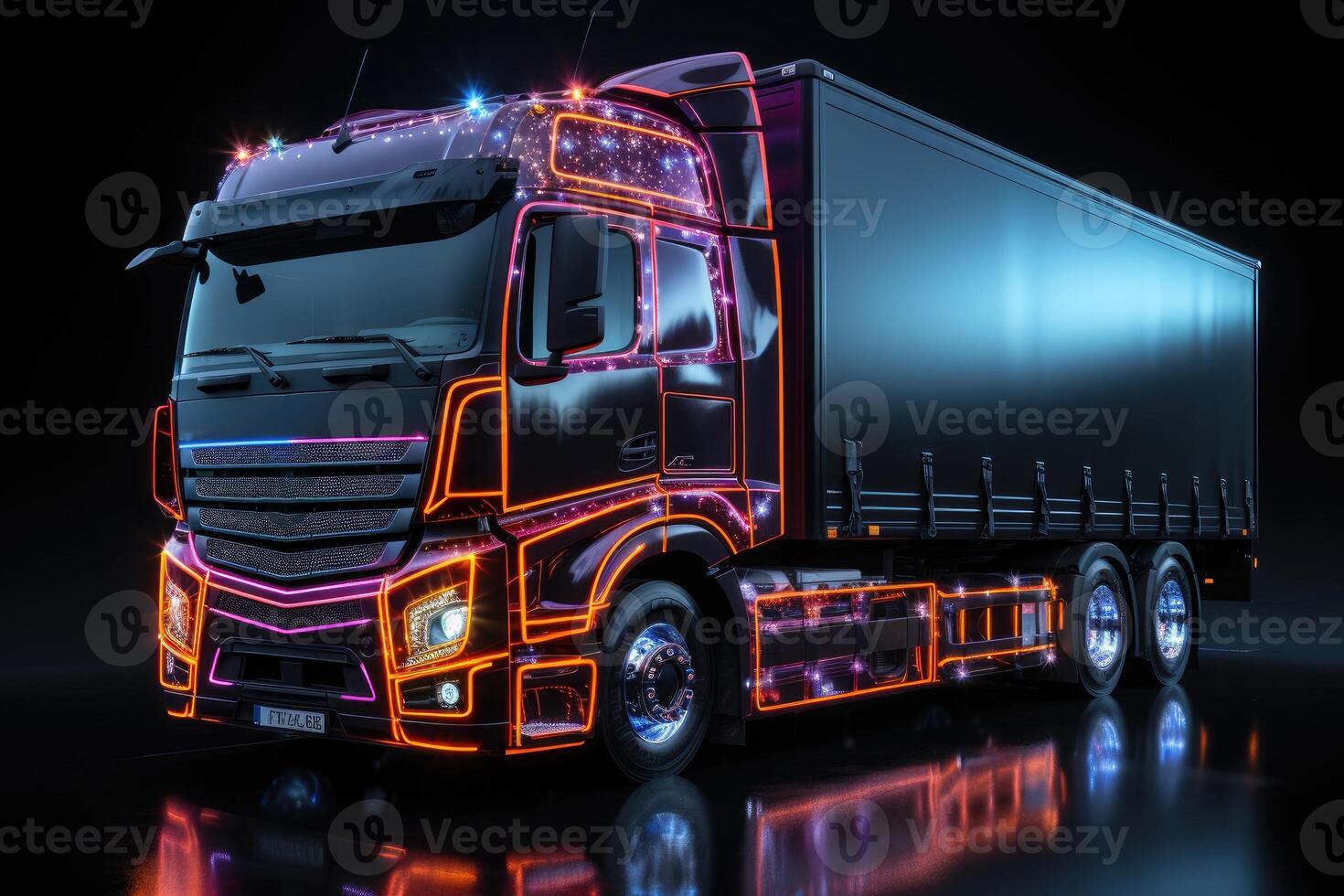 Truck with futuristic holographic display and neon lights. Freight shipping international industry. photo