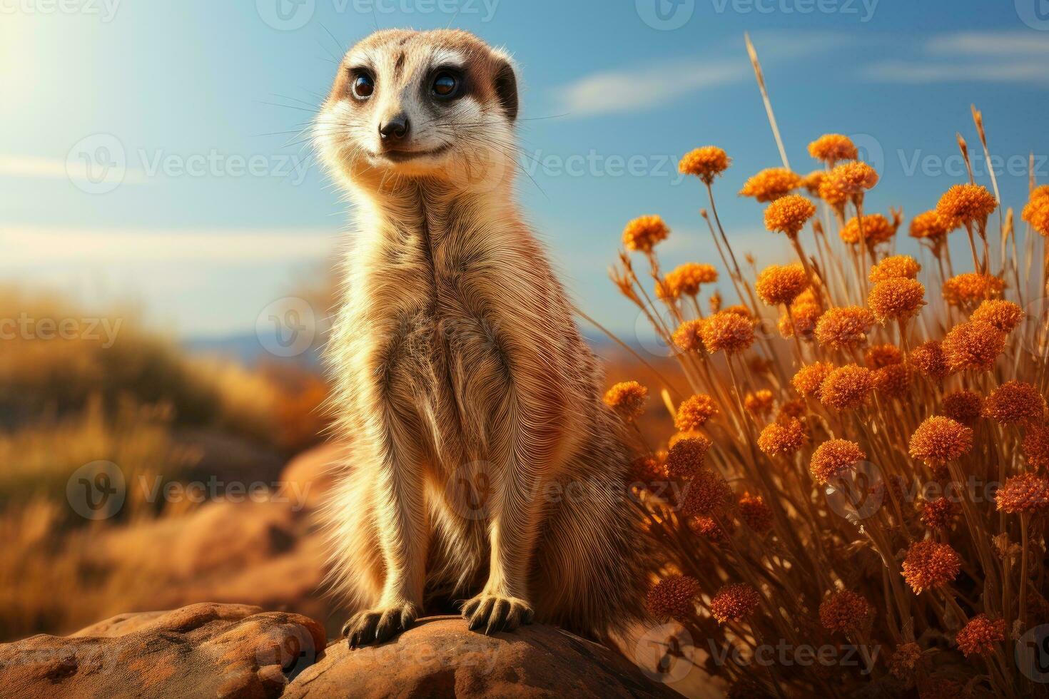 Meerkat on guard in the prairie. Generative AI photo