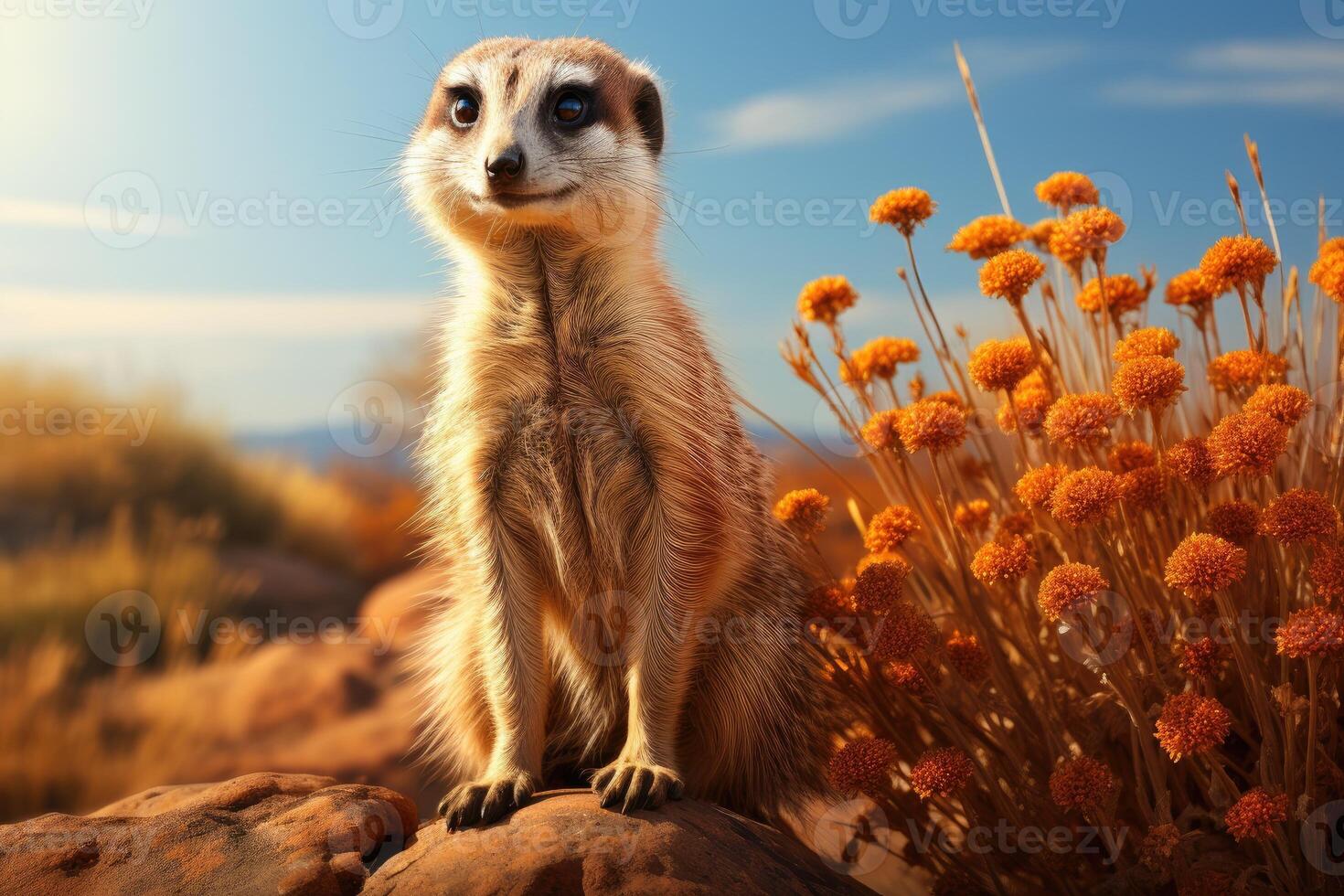 Meerkat on guard in the prairie. photo