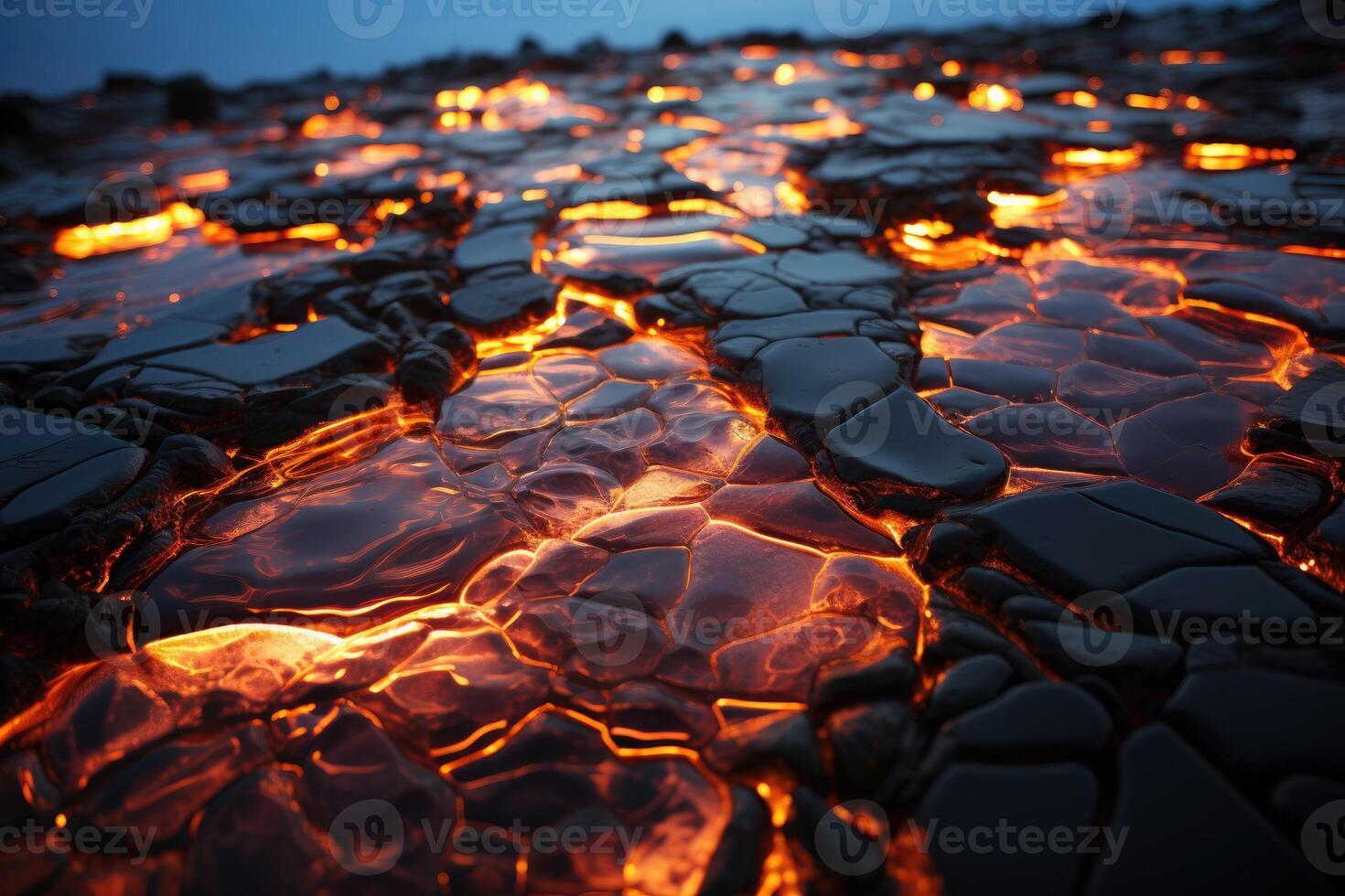 Scorched rock floor with molten rocks and lava cracks. photo