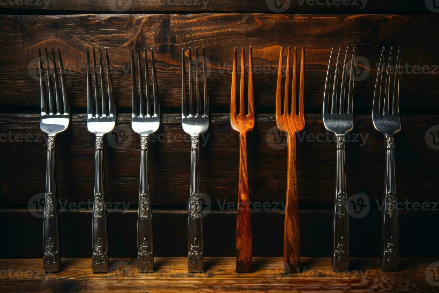 Antique fork on a wooden table. Generative AI photo