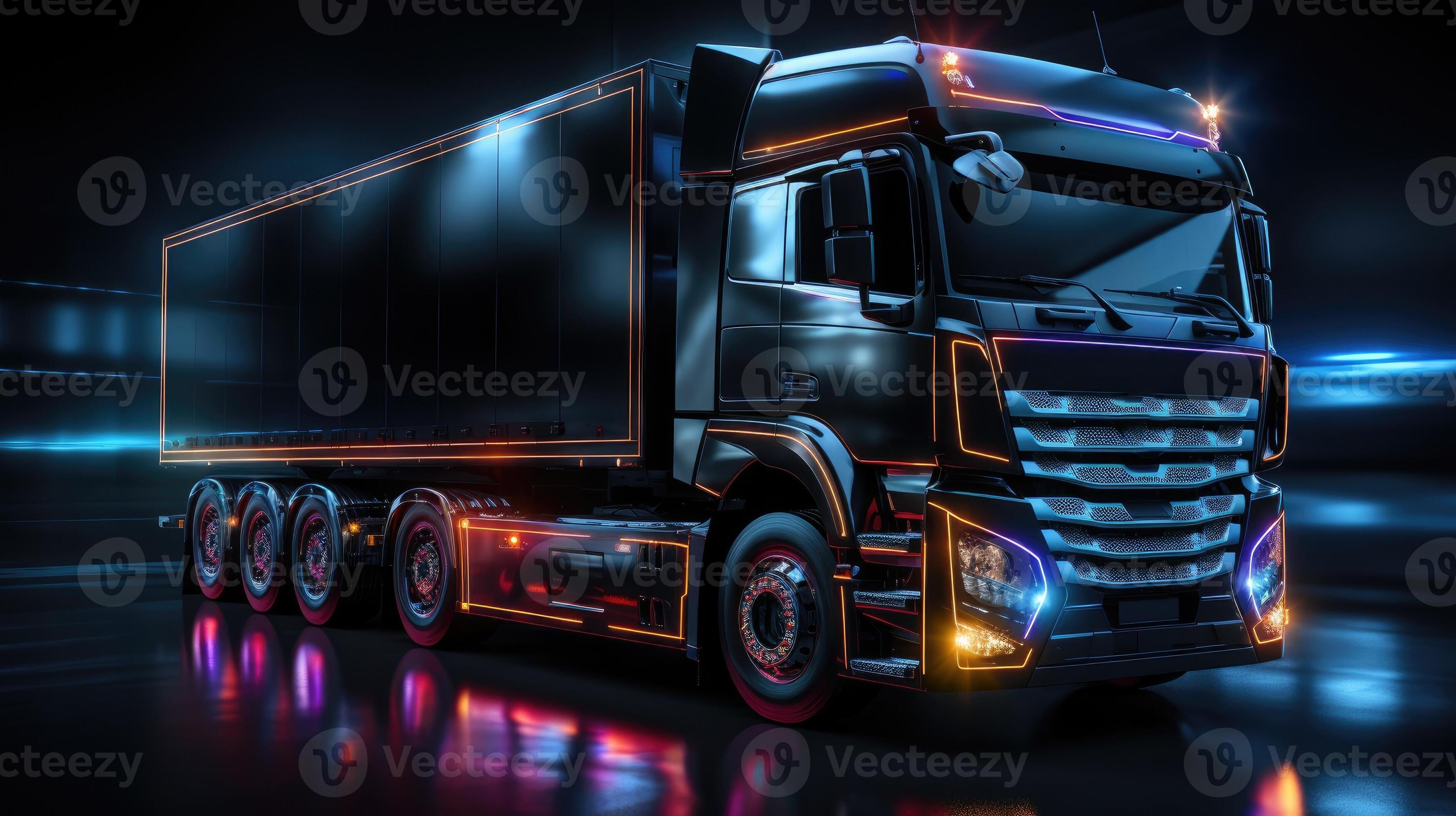 Truck with futuristic holographic display and neon lights. Freight