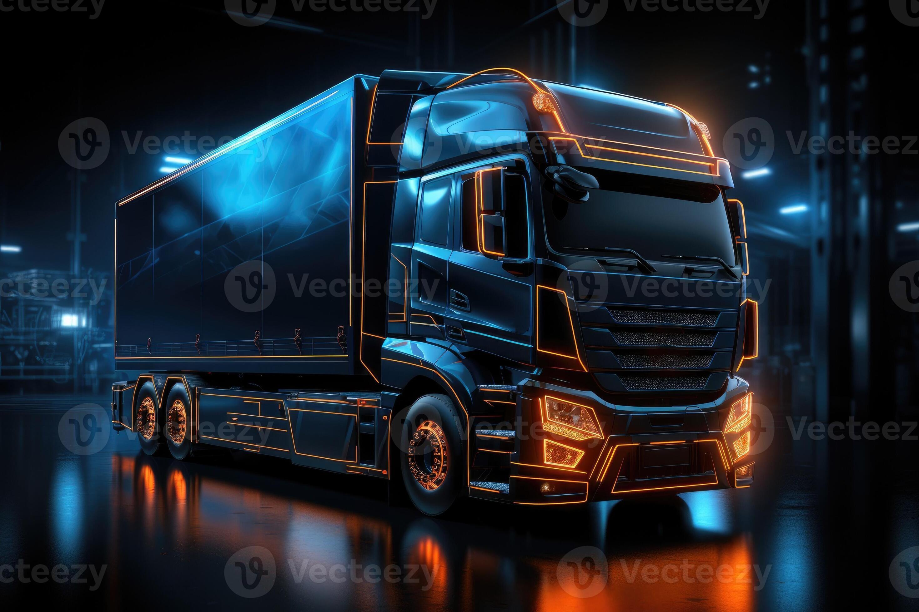 Truck with futuristic holographic display and neon lights. Freight