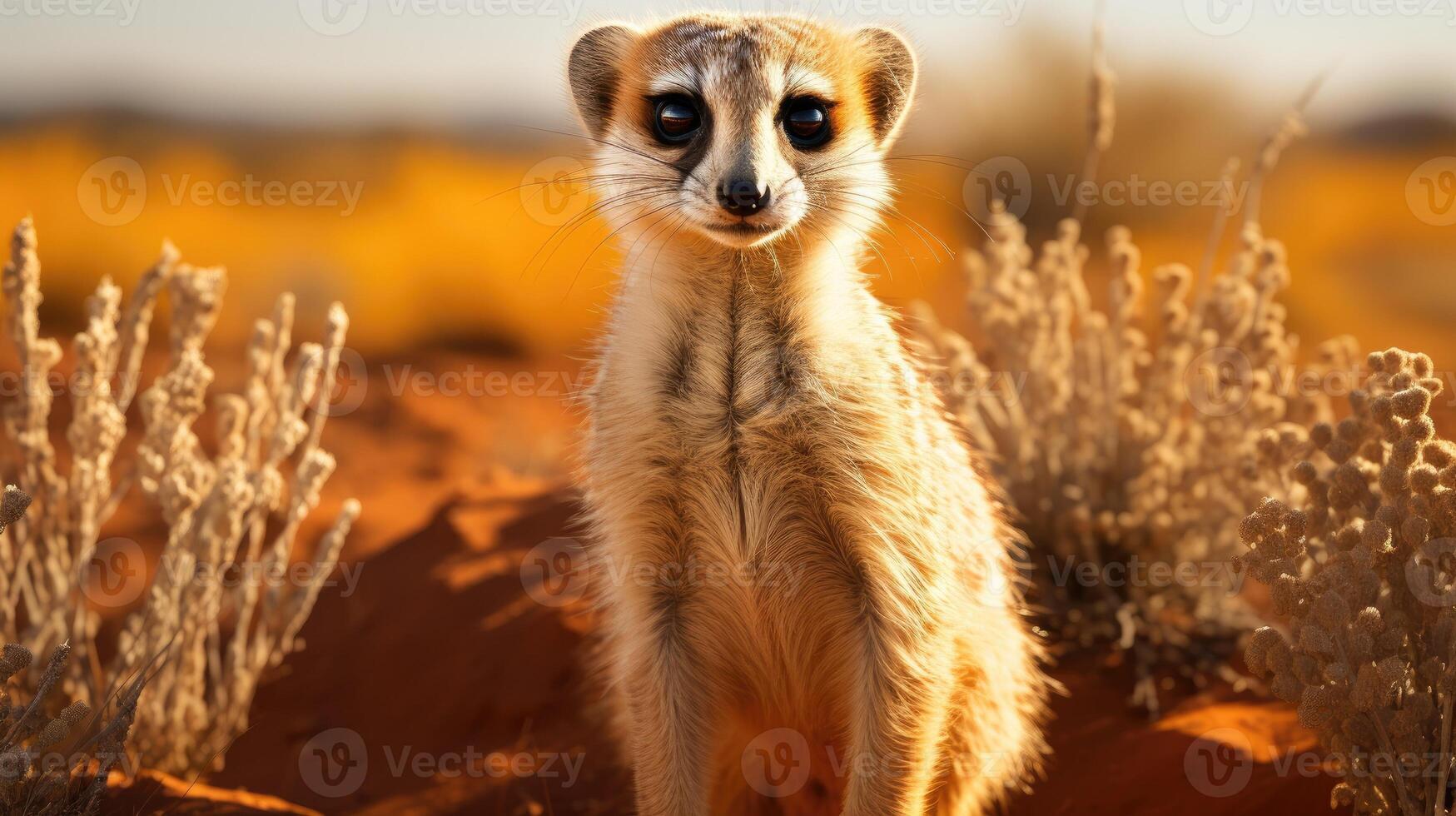 Meerkat on guard in the prairie. photo