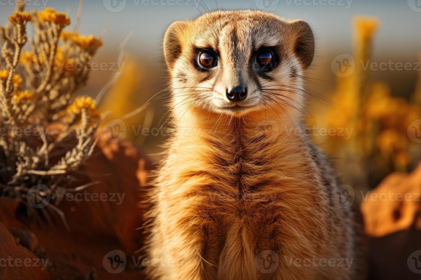 Meerkat on guard in the prairie. photo
