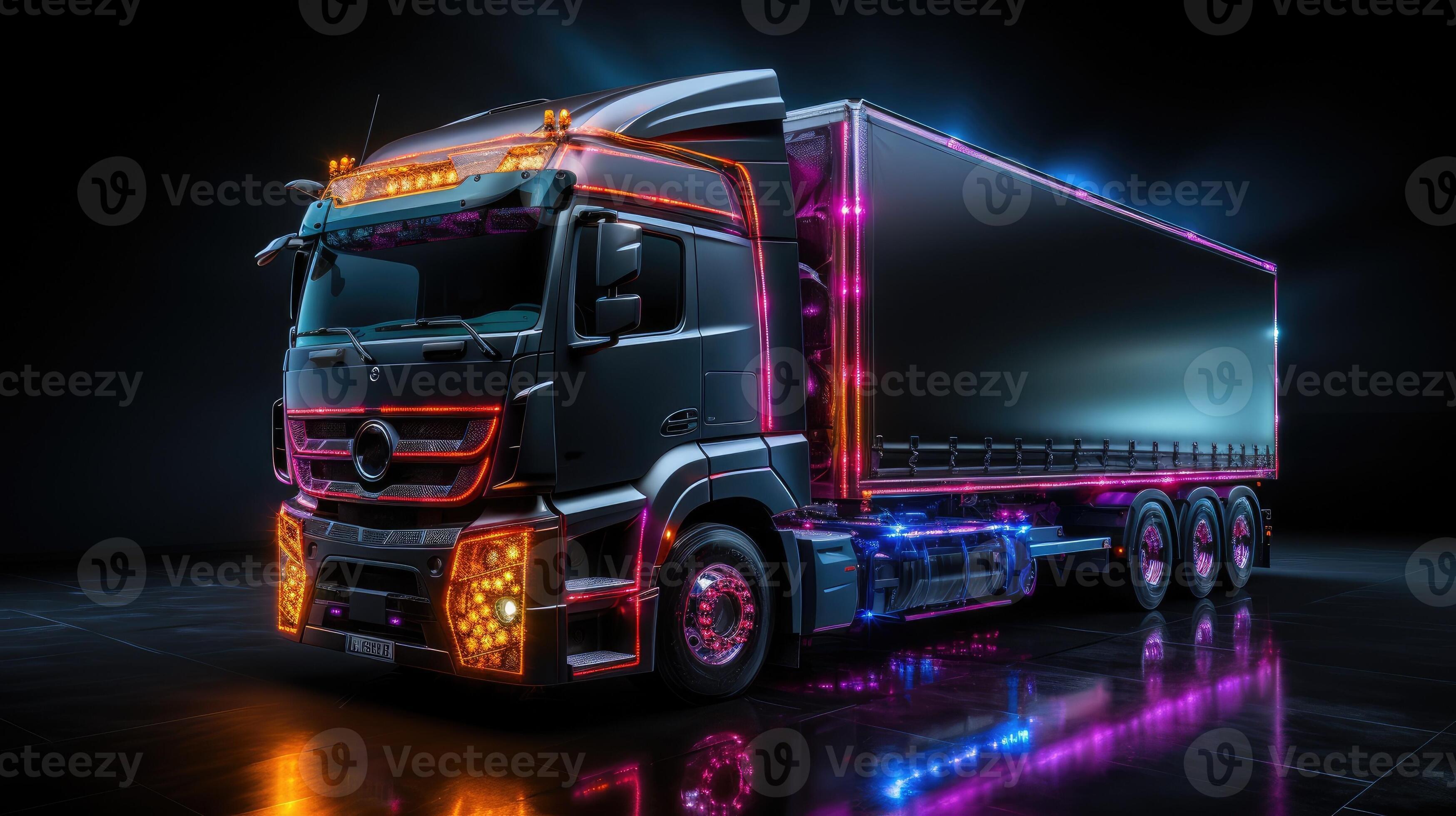 Truck with futuristic holographic display and neon lights. Freight