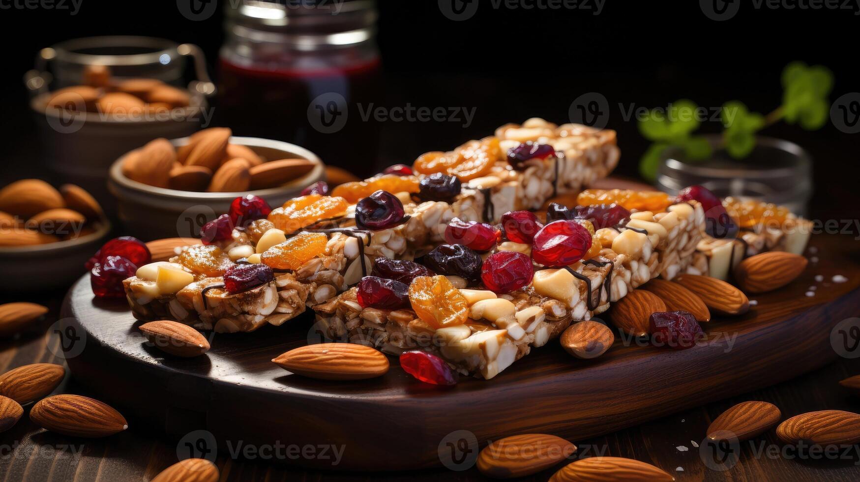 Cereal superfood energy bars with almond nuts, dry fruits, raisins chocolate. Generative AI photo