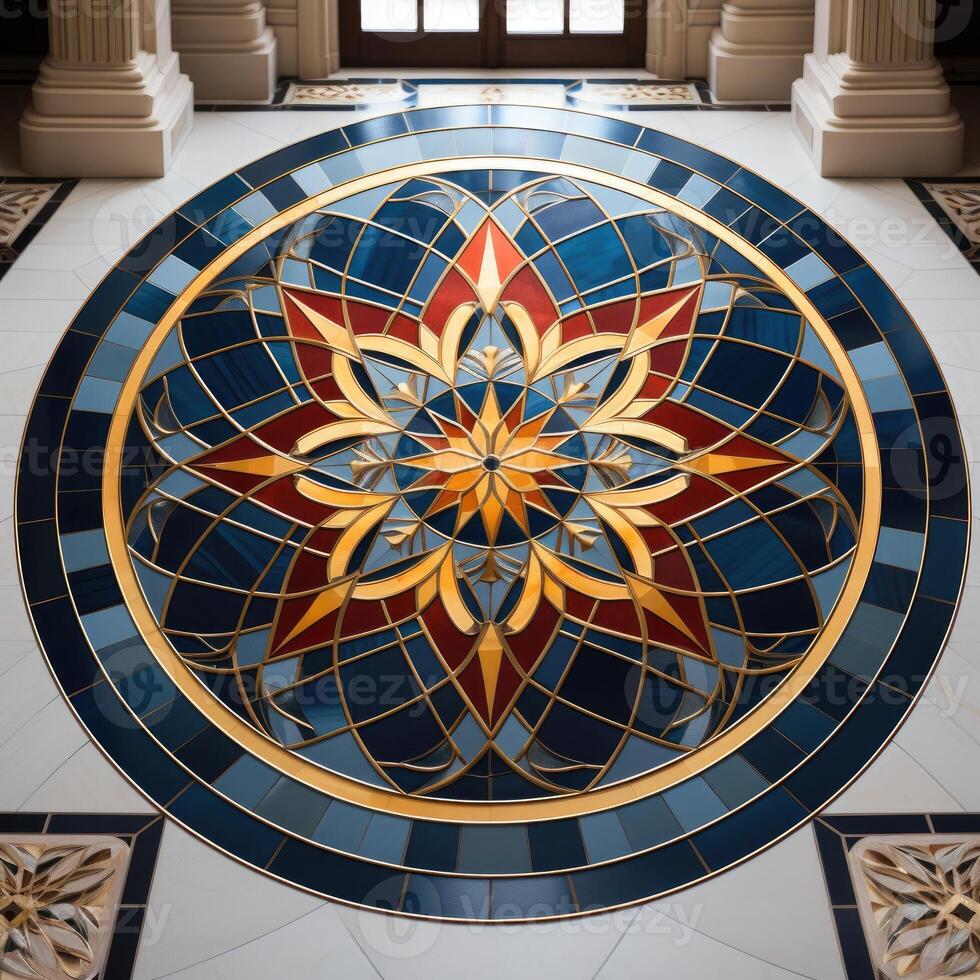 Close up of multicolored glass mosaic tile flooring pattern. . photo