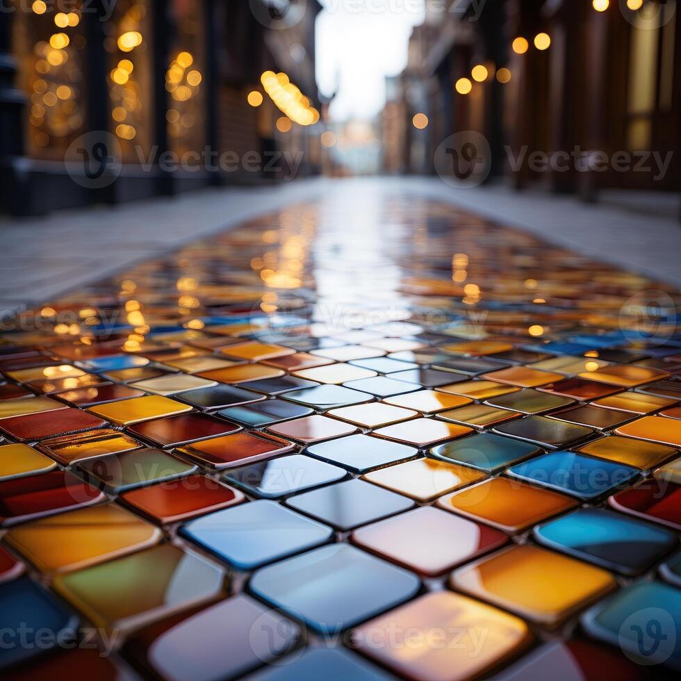 Close up of multicolored glass mosaic tile flooring pattern. . photo