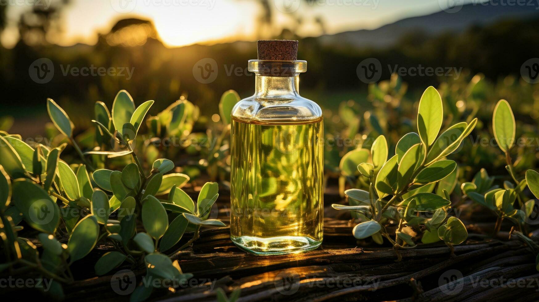 Bottle of cosmetic oil with eucalyptus branches. Generative AI photo