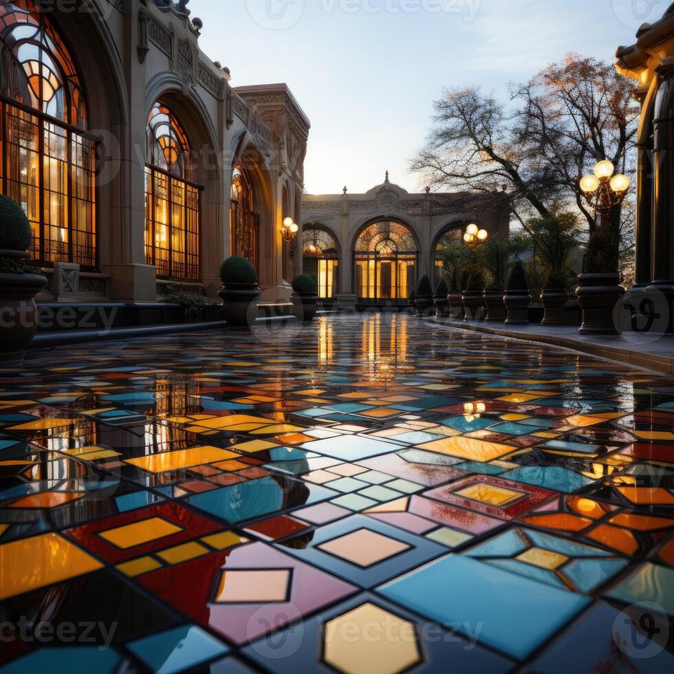 Close up of multicolored glass mosaic tile flooring pattern. . photo