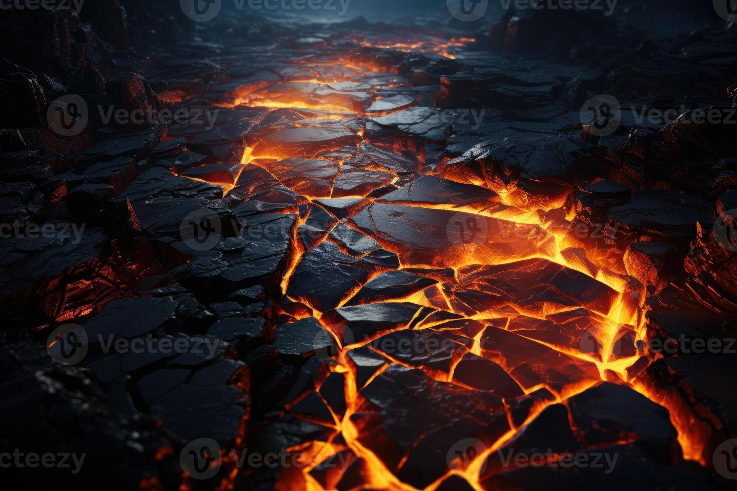 Scorched rock floor with molten rocks and lava cracks. photo