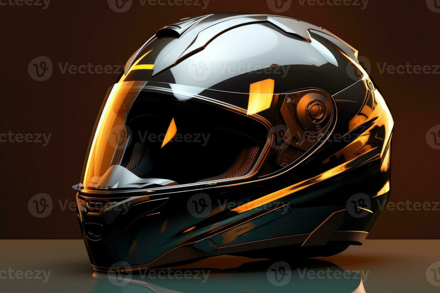 Modern motorcycle helmet on dark backdrop. Generative AI photo