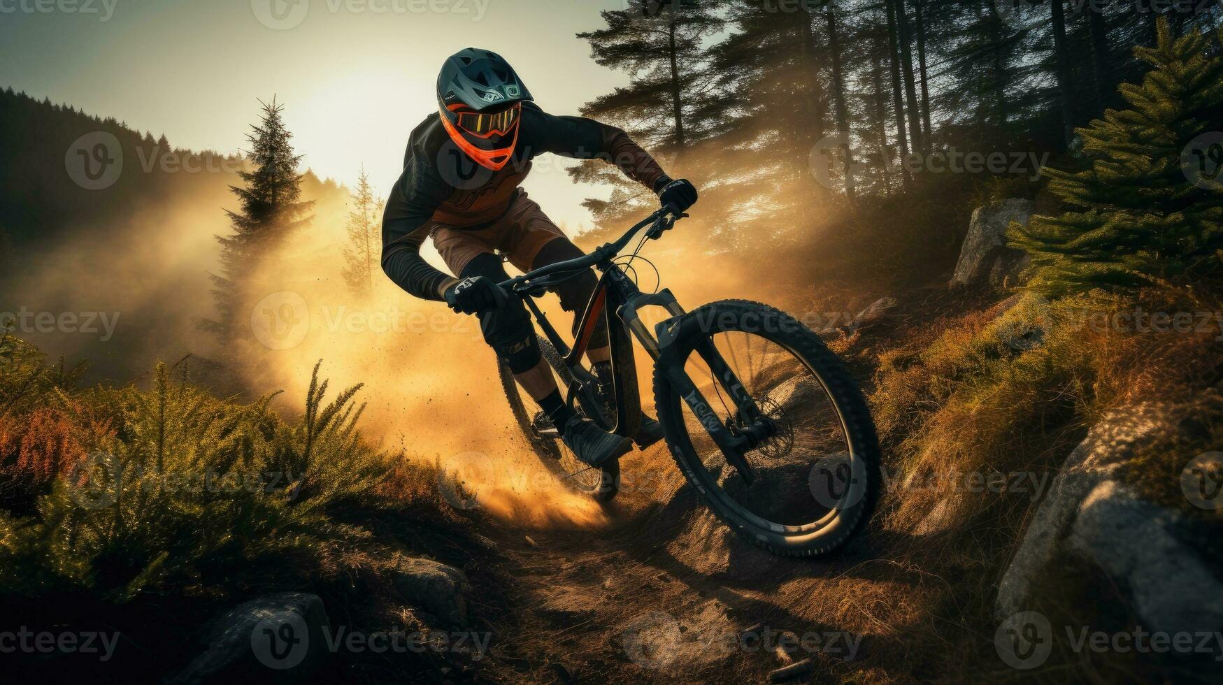 activo masculino ciclista montando bicicleta en un montaña. generativo ai foto