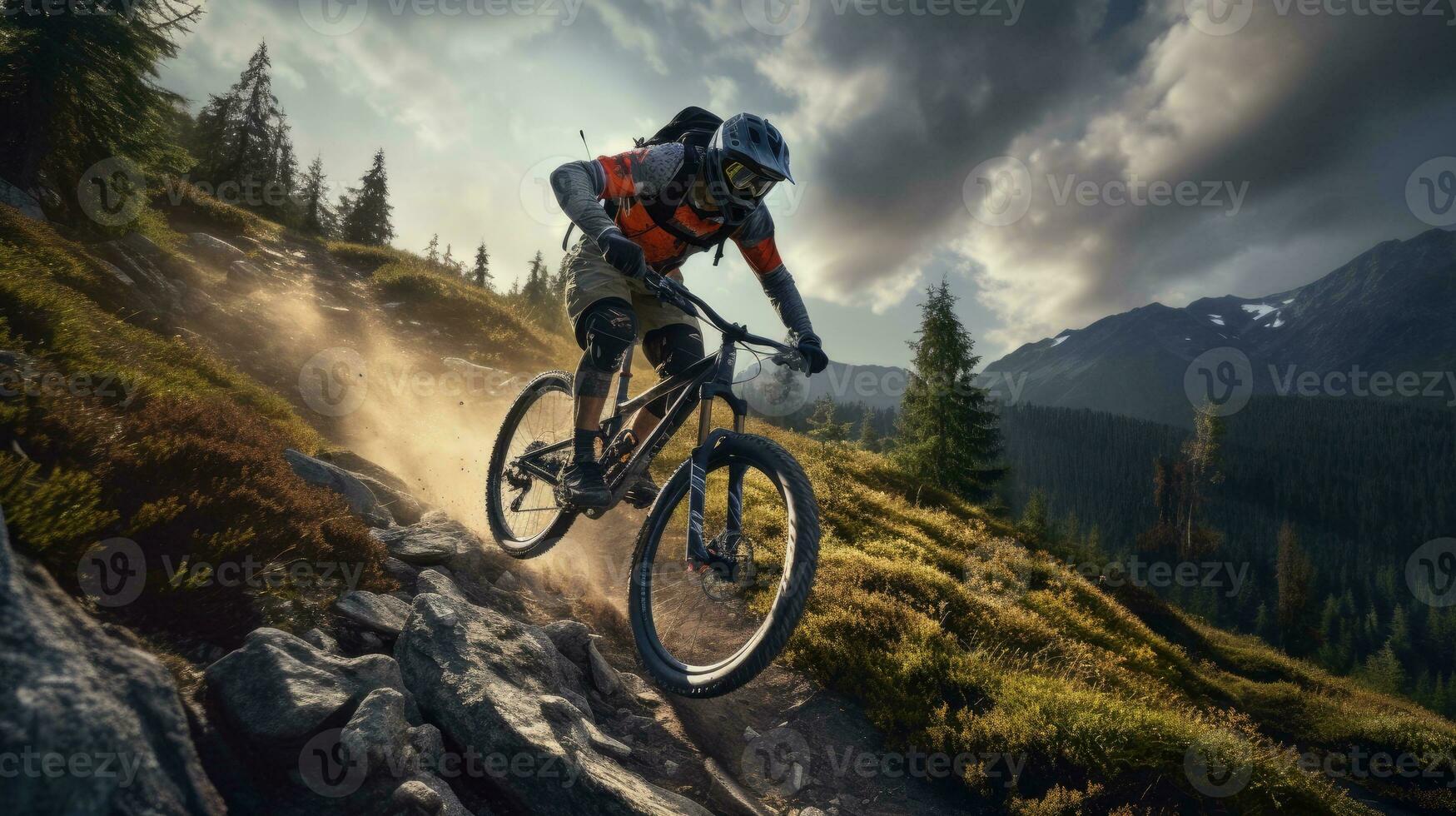 Active male cyclist riding bike on a mountain. Generative AI photo