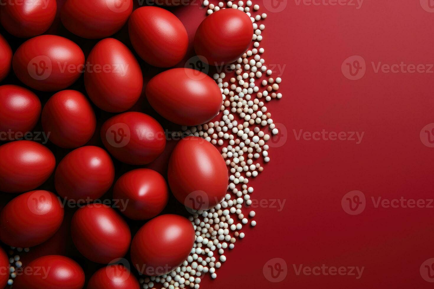 Easter red colored eggs on red background. Generative AI photo