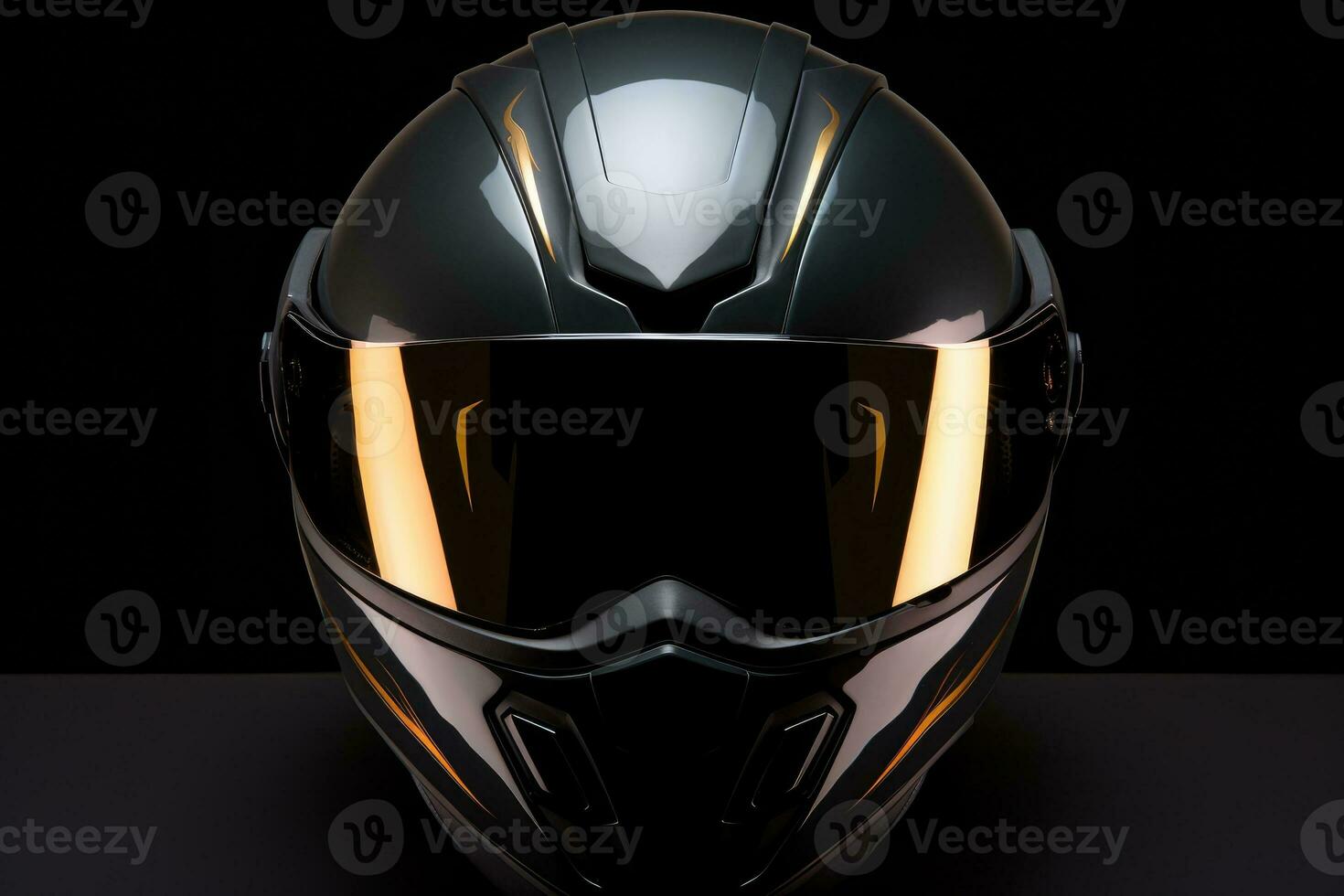 Modern motorcycle helmet on dark backdrop. Generative AI photo