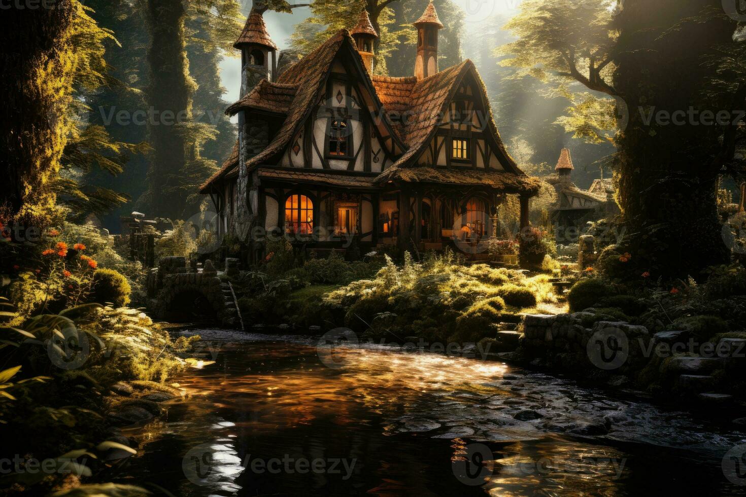An old house standing in a forest on the bank of a stream. Generative AI photo