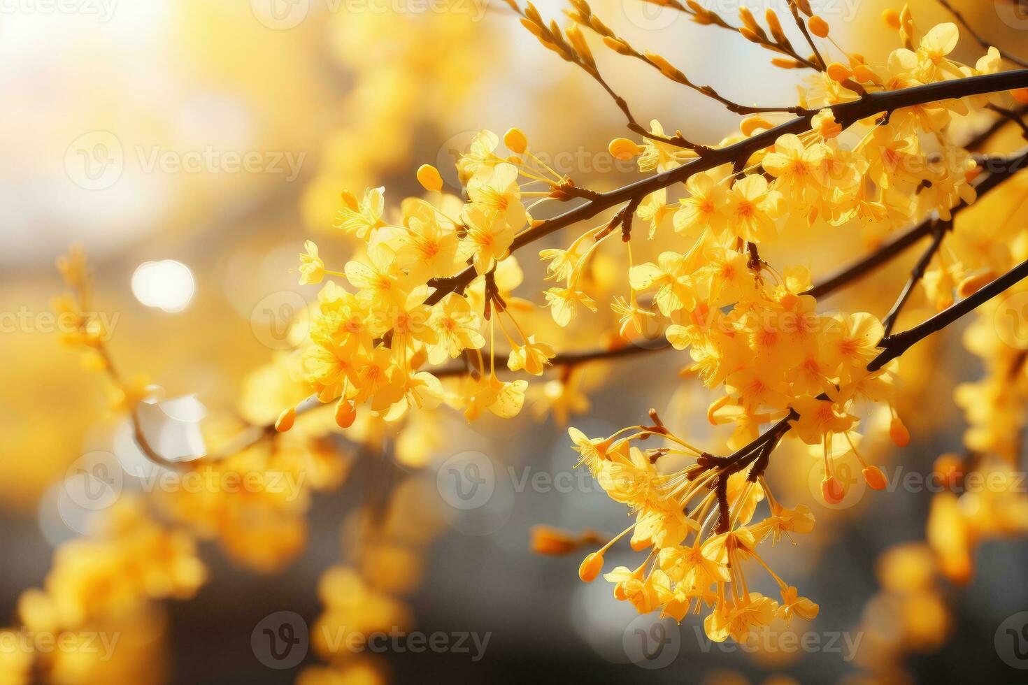 Forsythia blossom on bush. Generative AI photo