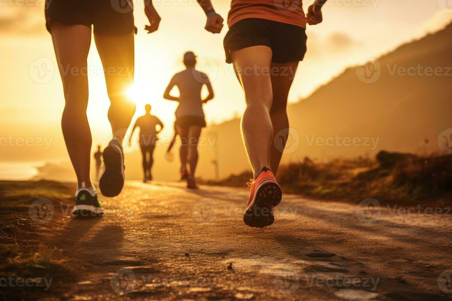 corredor grupo corriendo en amanecer. generativo ai foto