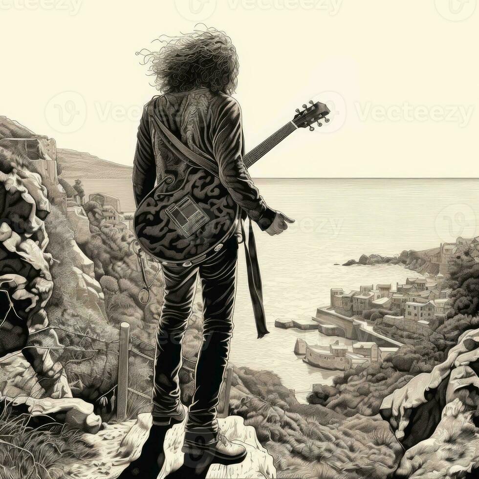 Lonely figure of a man on a cliff by the sea with guitar. Generative AI photo