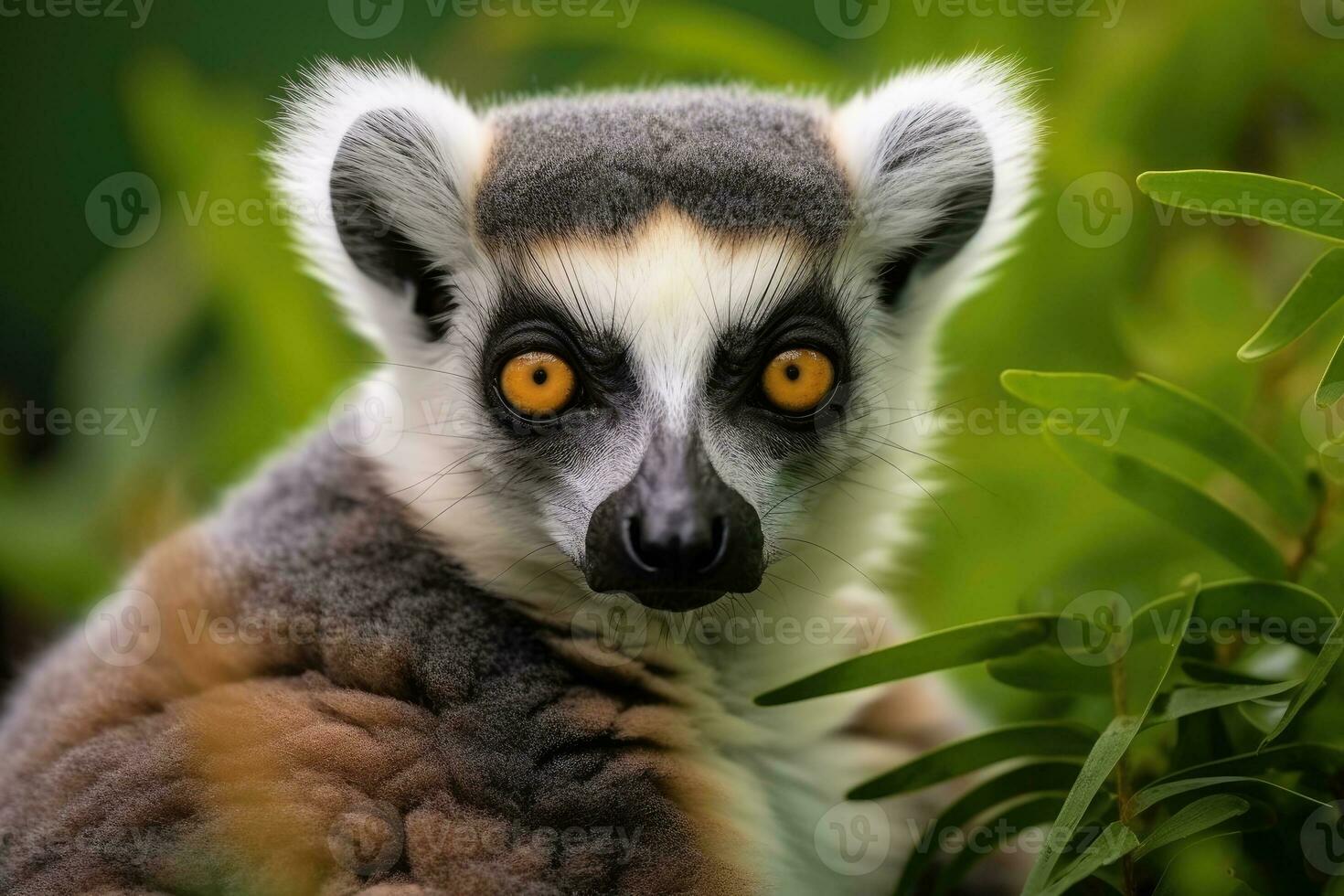 Portrait of a lemur against the background of green nature. Generative AI photo