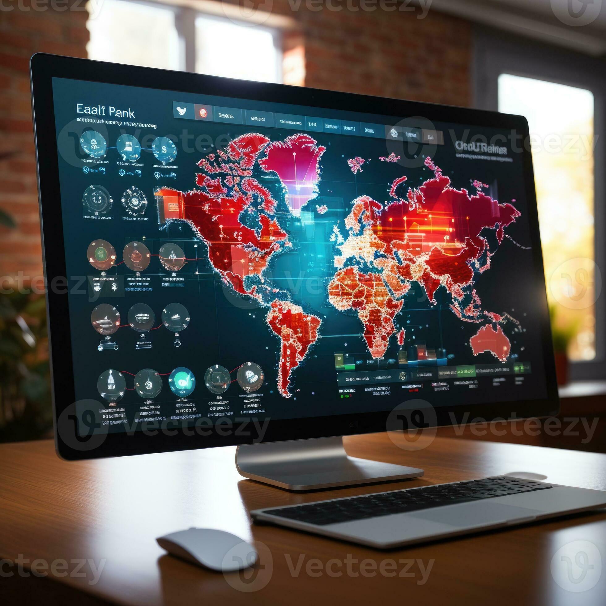 Location identifier icon on laptop with information network on a map