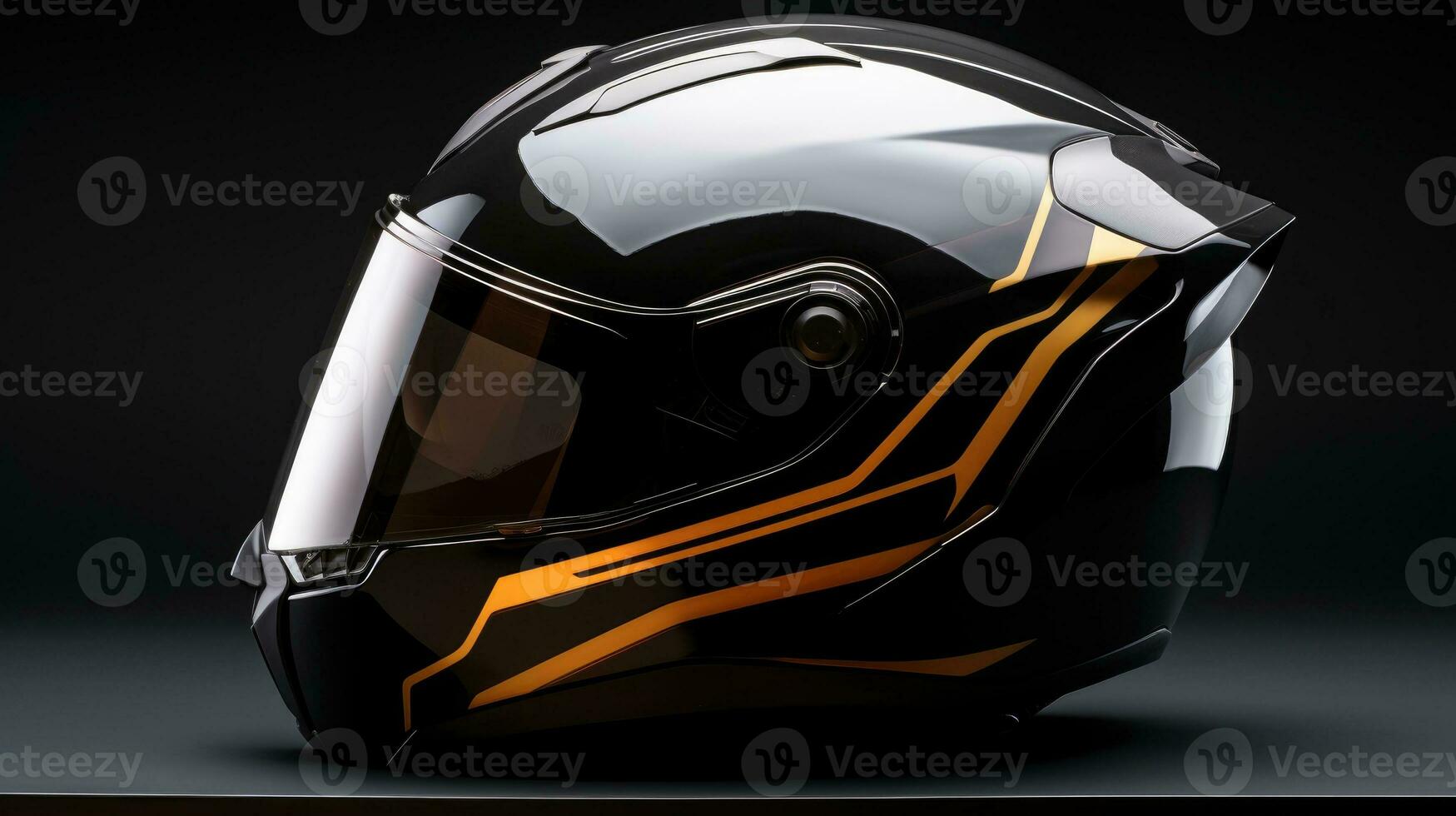 Modern motorcycle helmet on dark backdrop. Generative AI photo