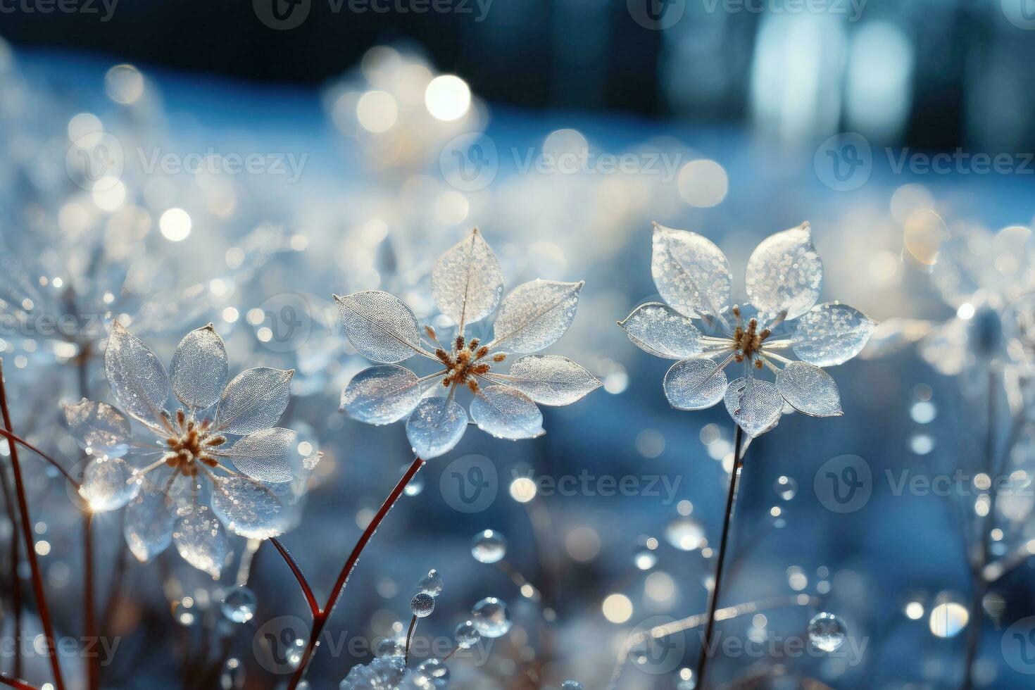 invierno paisaje con escarchado hielo flores, nieve, y cristales generativo ai foto