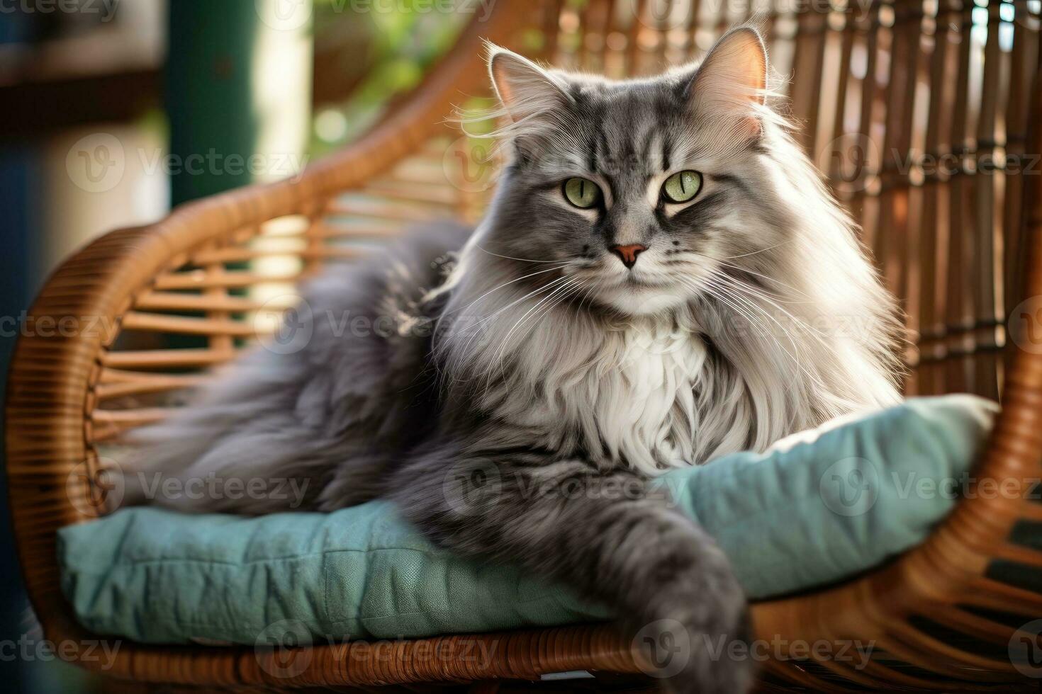 A cute grey cat is resting. Generative AI. photo