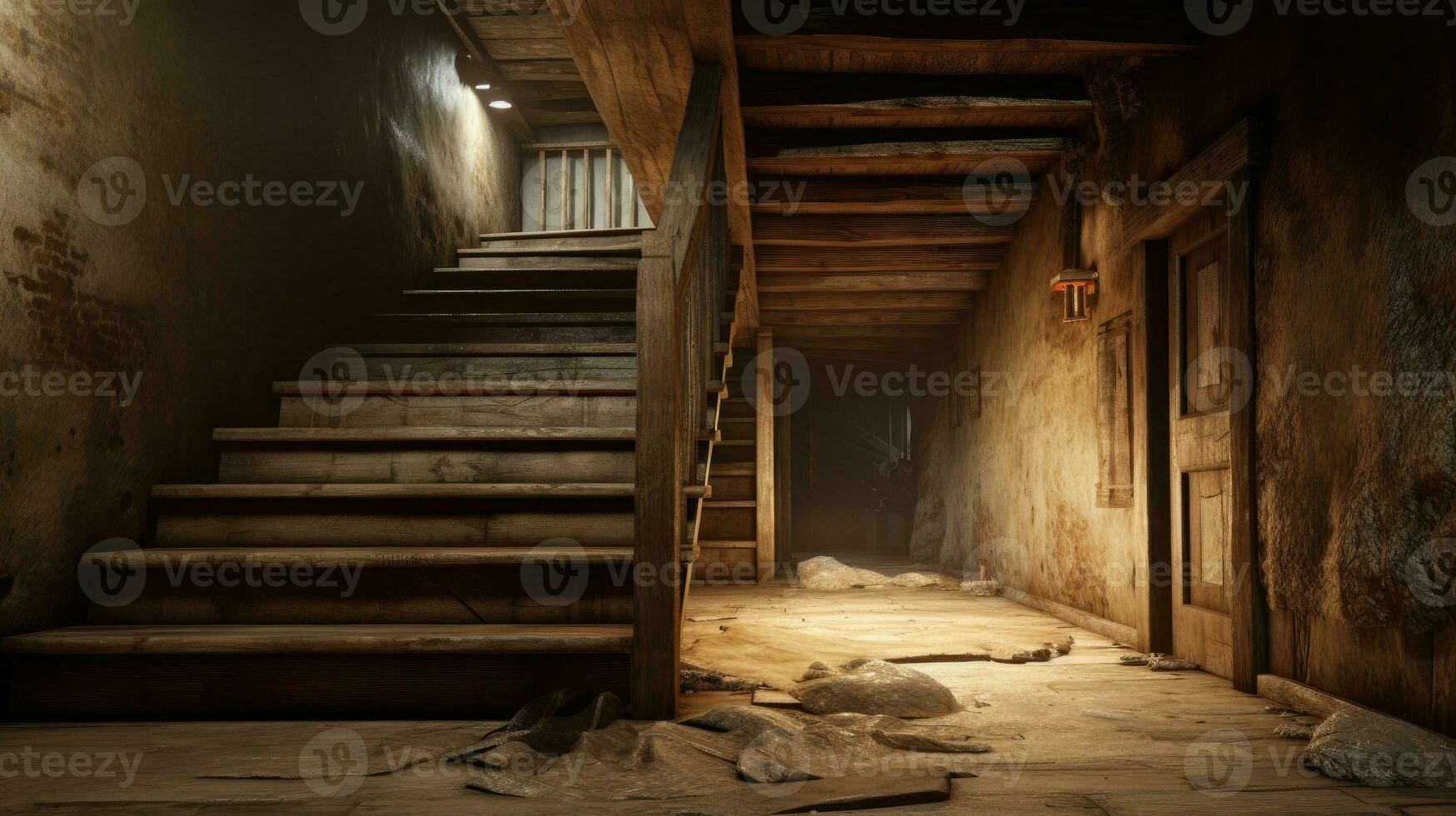 Old wooden stairs to the attic in an old house. Generative AI photo