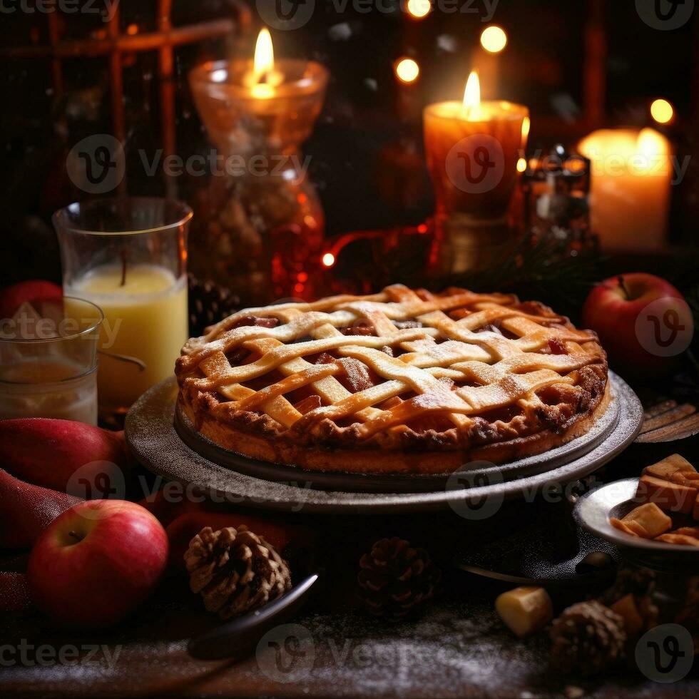 Freshly baked Apple Pie on a rustic table. Generative AI photo