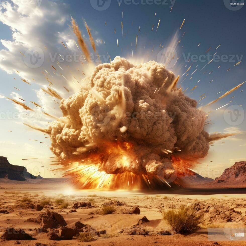 Huge explosion in a desert. Generative AI photo