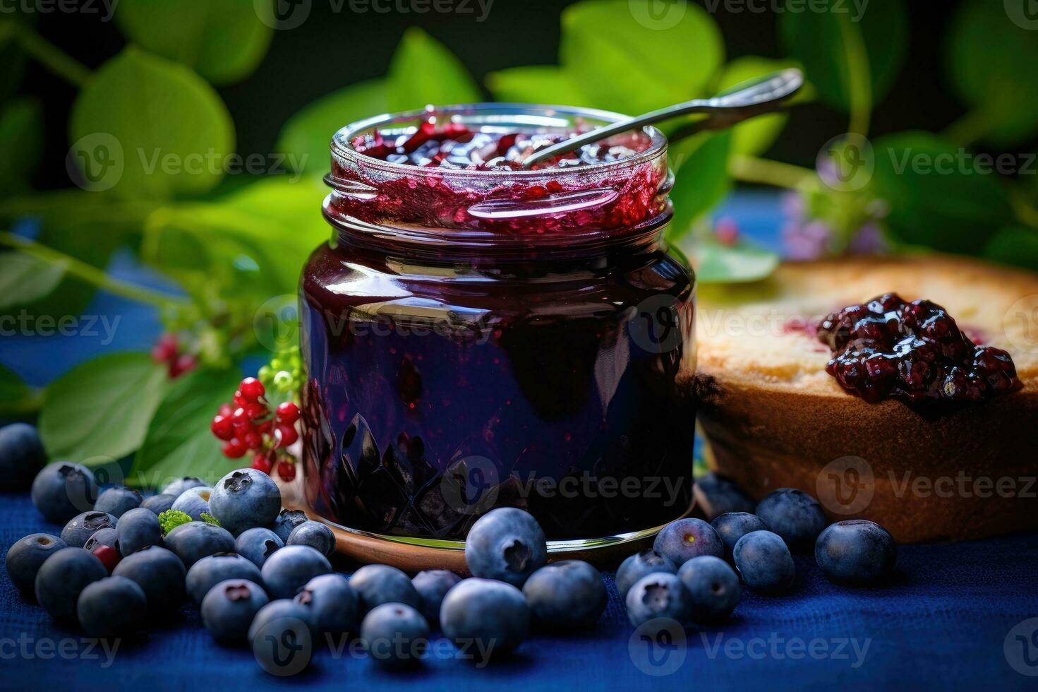 Blueberry jam with fresh fruit. Generative AI photo