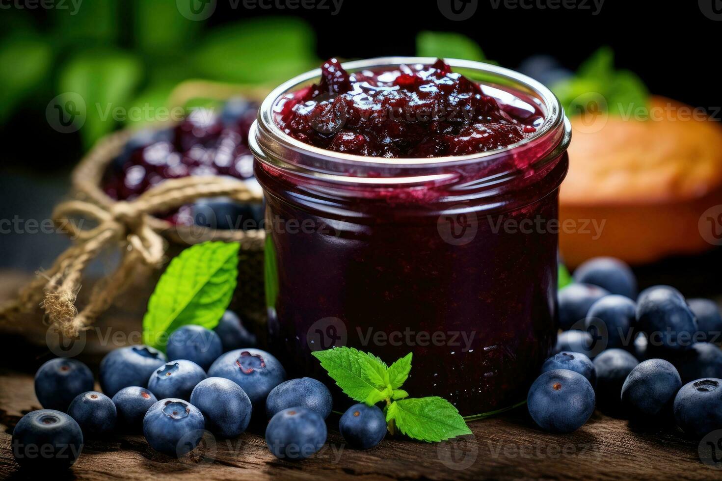 Blueberry jam with fresh fruit. Generative AI photo