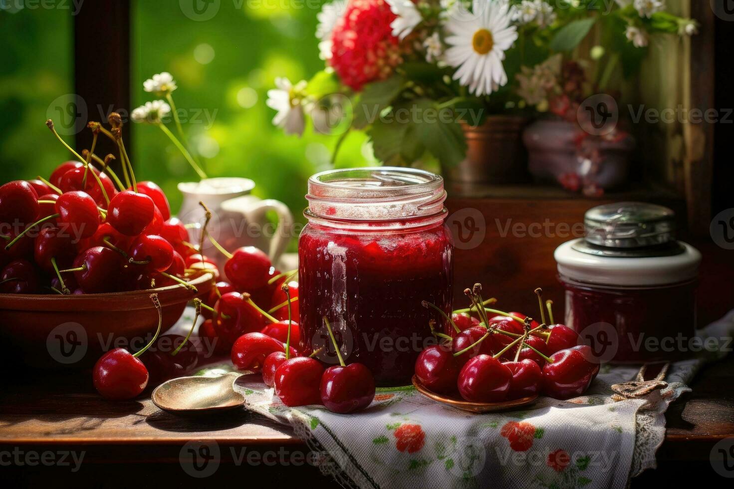 Cherry jam with fresh fruit. Generative AI photo