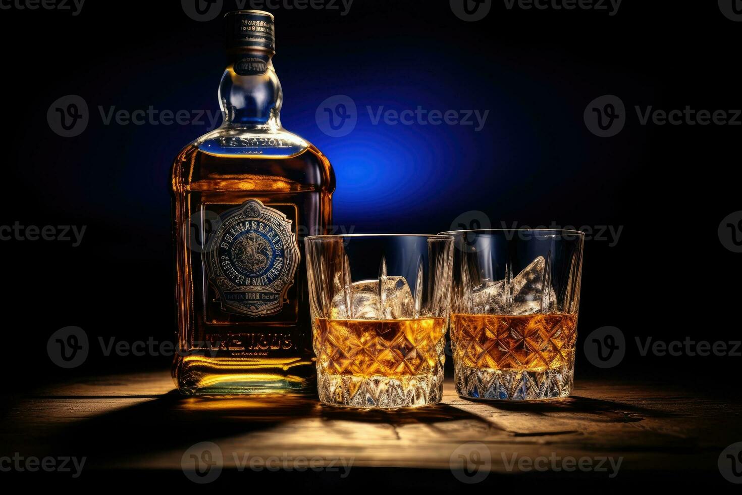 Whiskey glass with ice and drink next to glass bottle. Generative AI photo