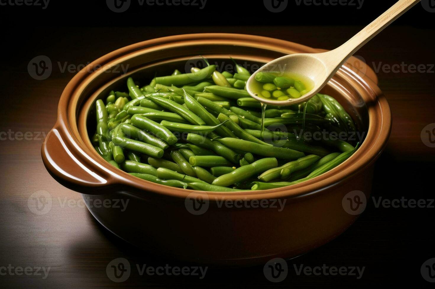 Green beans on the table. Generative AI photo