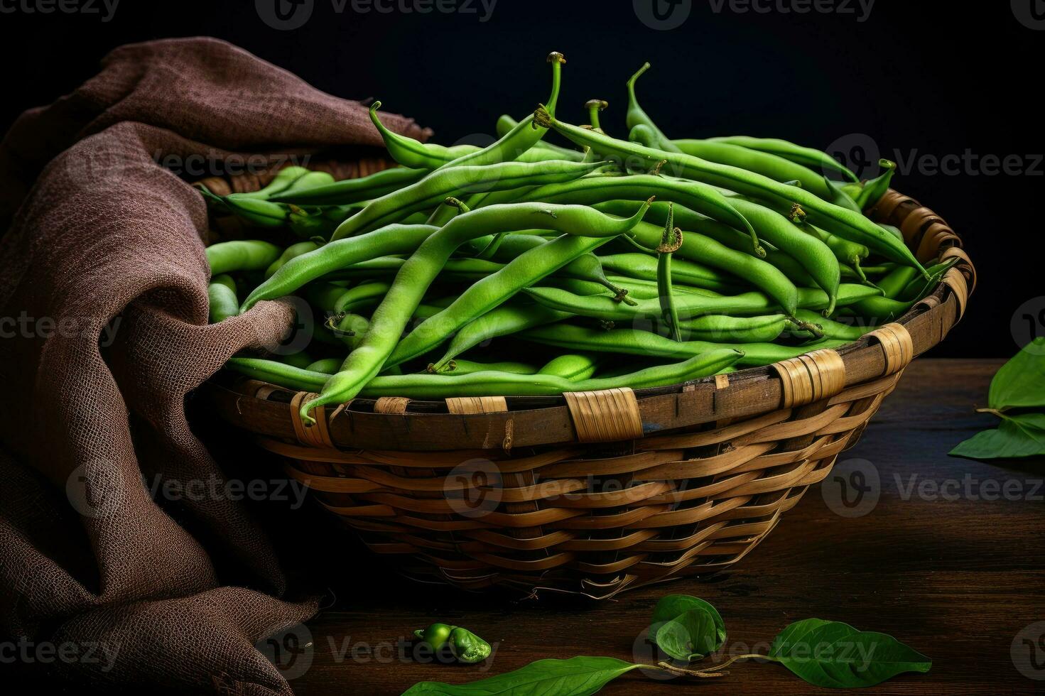 Green beans in a basket. Generative AI photo