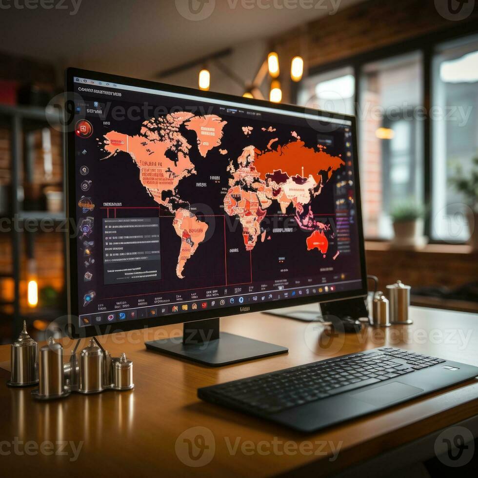 Location identifier icon on laptop with information network on a map