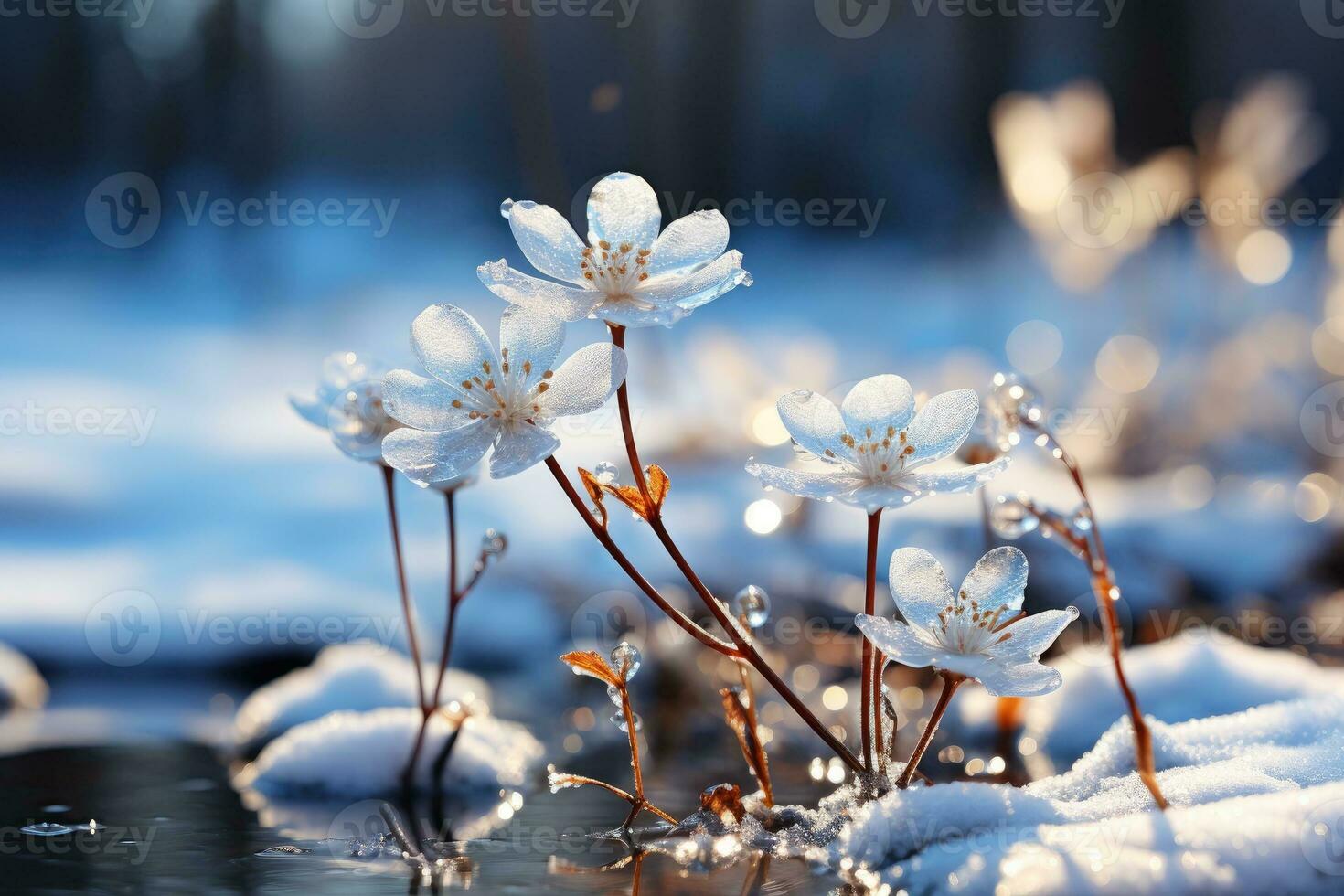 Winter scenery with frosty ice flowers, snow, and crystals. Generative AI photo