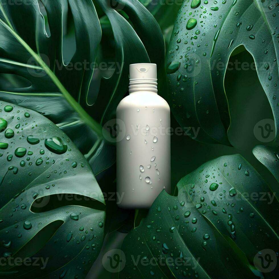 Natural wood deck stage podium in Natural green background for Empty show for packaging product presentation. Background for cosmetic products, the scene with green leaves..AI generated photo