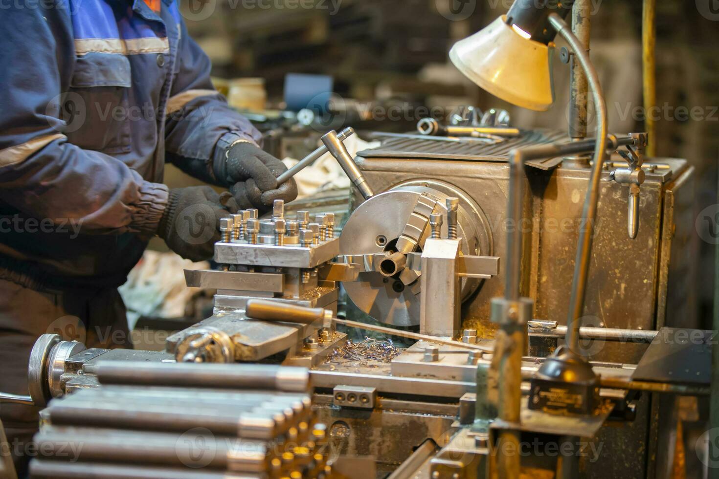 Industrial lathe in the shop for working with metal. photo