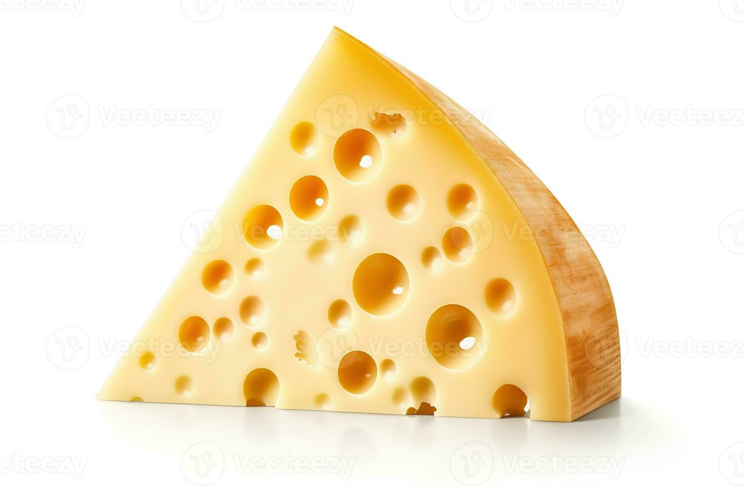 un sabroso cuña de suizo queso, conocido para sus icónico agujeros y suave textura, aislado en un blanco antecedentes foto