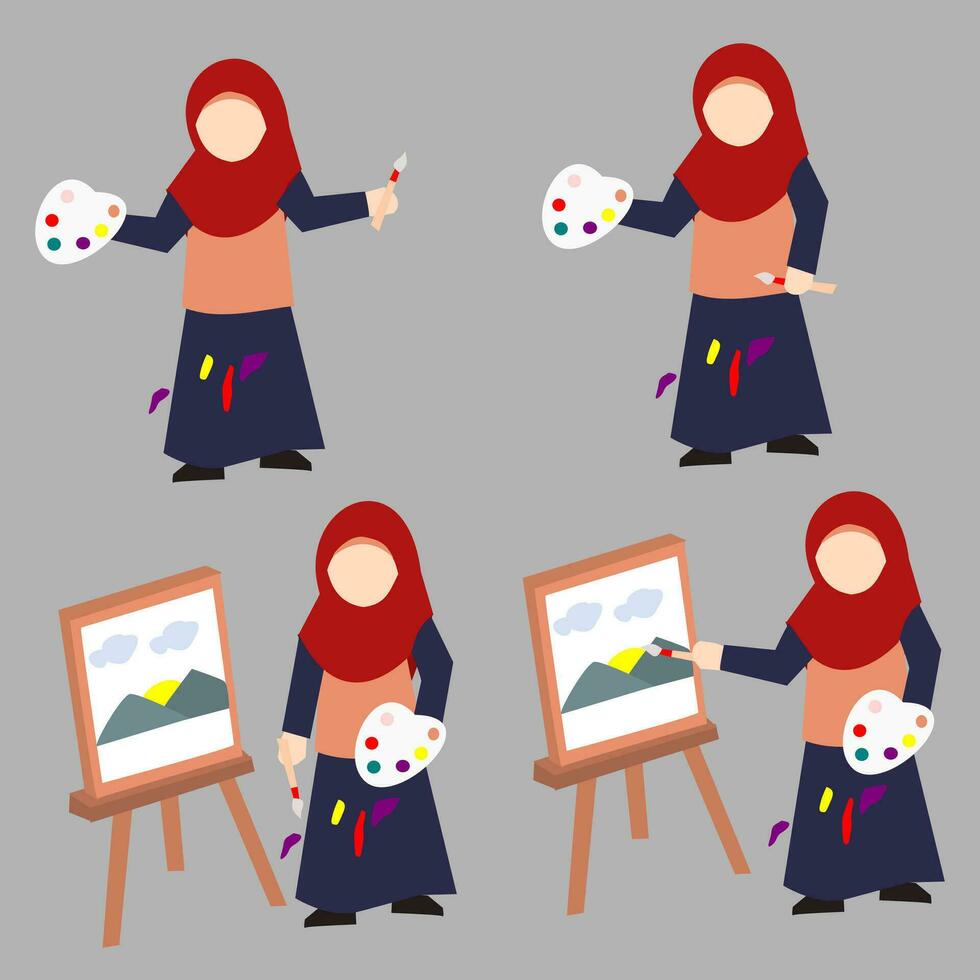 Hijab Girl Painting Illustration Set vector