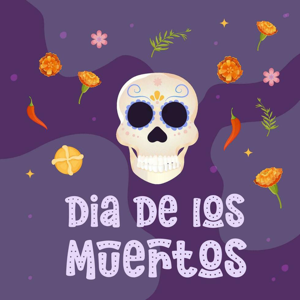 Day of the dead postcard. skull and flor de muerto vector