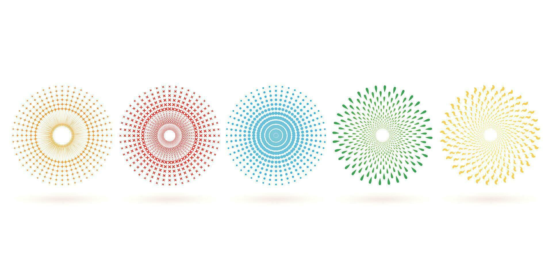 vector illustration Set of abstract colorful halftone circles or sunburst spreding design elements isolated on white backgrounds for Layouts, collages, scene designs, User interface designs, decks