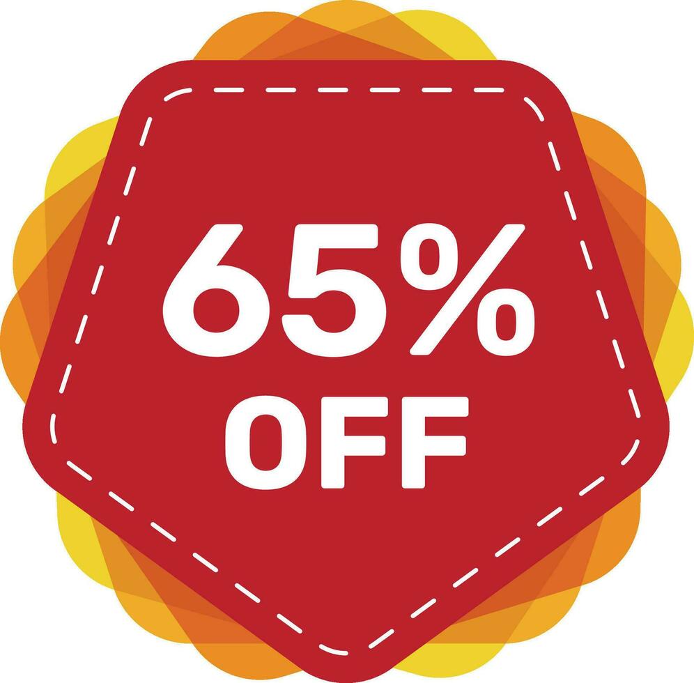 65 off discount sticker. Special offer sale red tag isolated vector illustration. Discount offer price label, symbol for advertising campaign in retail, sale promo marketing, ad offer on shopping day